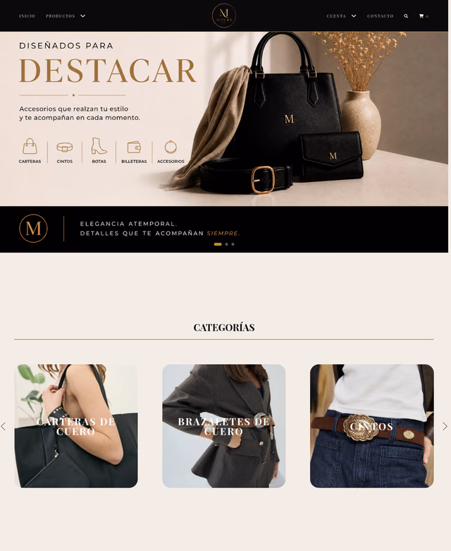 Home de Mavré: hero, categorías y grilla de productos de cuero